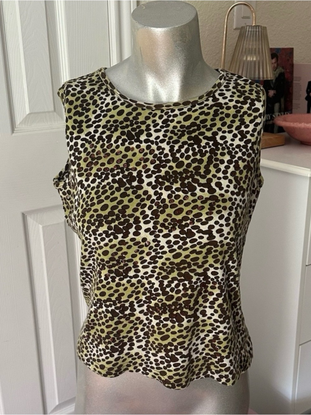 Candy Couture Vintage Green & Brown Sequin Leopard Print Sleevless Top